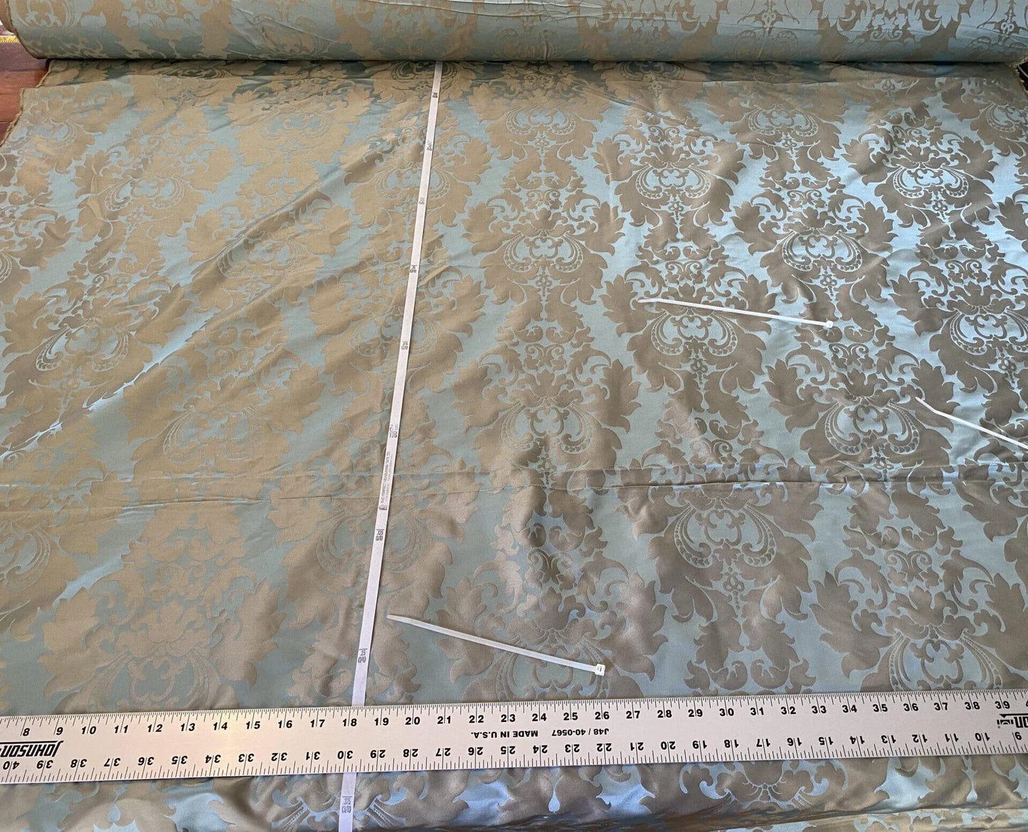 100% Silk Damask Aqua Blue Celadon & Taupe Renaissance Dye Stained