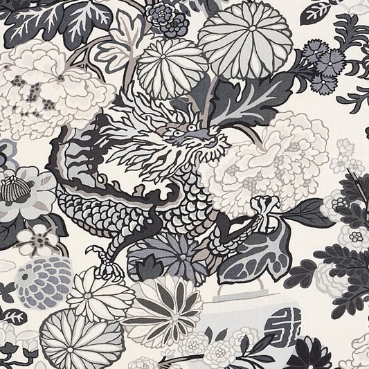 By yard Schumacher Chiang Mai Dragon Black /grey On Smoke Linen Print 173276