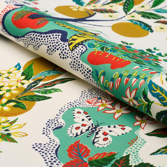 Schumacher Citrus Garden Indoor/Outdoor in Primary Yellow Green Red Trees Toile Polyester Fabric Multi