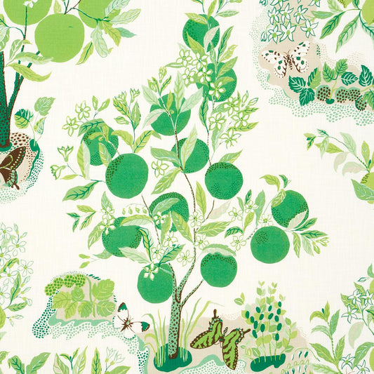 Schumacher Citrus Garden Indoor/Outdoor in Leaf Green White Trees Toile Polyester Fabric Multi - Special Order