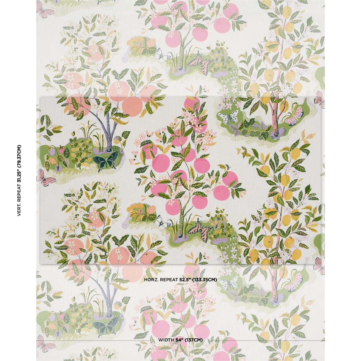 Schumacher Citrus Garden Indoor/Outdoor in Garden Pink Green Yellow Trees Toile Polyester Fabric Multi