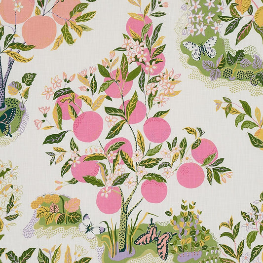 Schumacher Citrus Garden Indoor/Outdoor in Garden Pink Green Yellow Trees Toile Polyester Fabric Multi