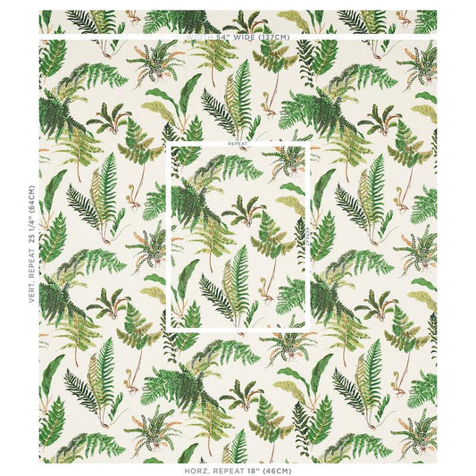 Schumacher Les Fougeres Document Green Fern print White Linen Fabric - Special order