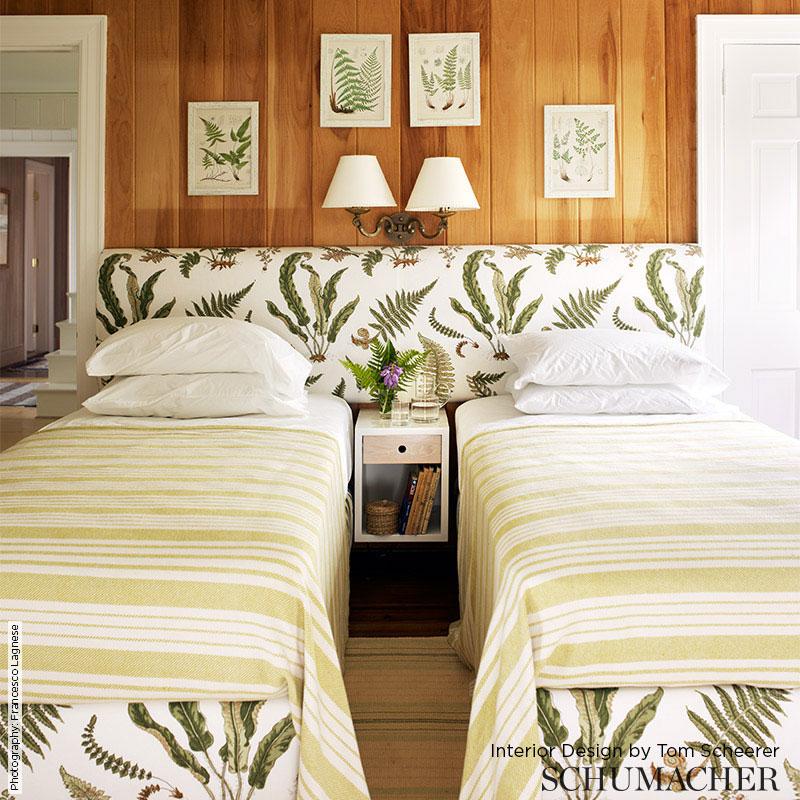 Schumacher Les Fougeres Document Green Fern print White Linen Fabric - Special order