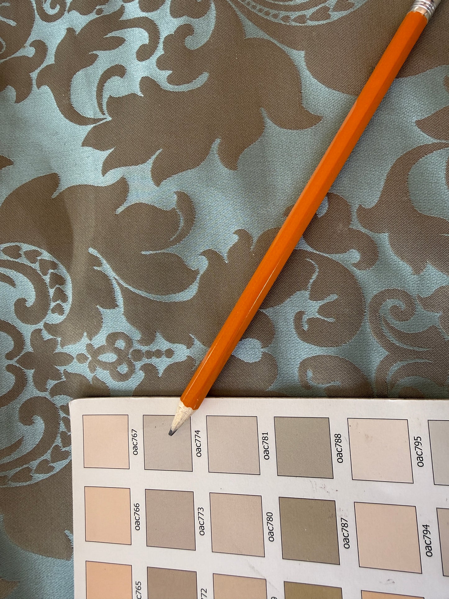 By Yard 100% Silk Damask Aqua Blue Celadon & Taupe Renaissance Dye Stained