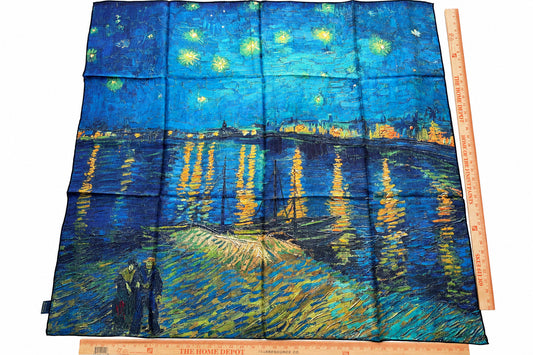Art Scarf Starry Starry Night Port Harbor Waterfront Couple Van Gogh Emerald Green Blue Double Sided Purple Red Green High End Silk Twill 41 Inches