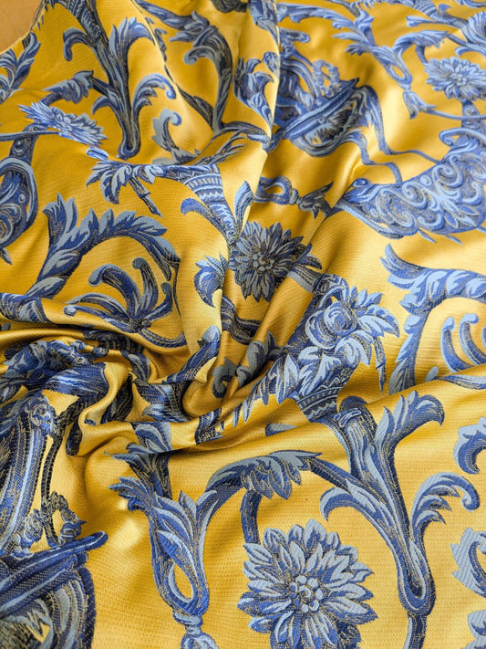 28" L x 56"W Damask Figurative Neoclassical Baroque Caimano in Blue and Gold Silk Lampas