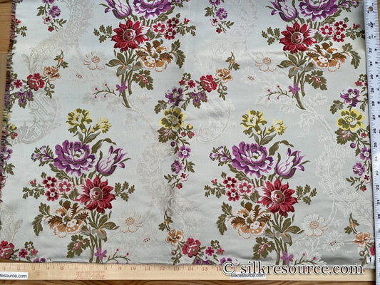 by yard French Court Marie Lace Bouquet Silk Lampas Red Pink Fuchsia Green Over Silvery Beige Custom Order