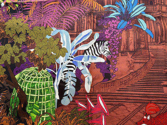 Art Scarf Tropical Resort Jungle Dream Palm Coconut Lemur Zebra Fox Birds Double Sided Purple Red Green High End Silk Twill 41 Inches