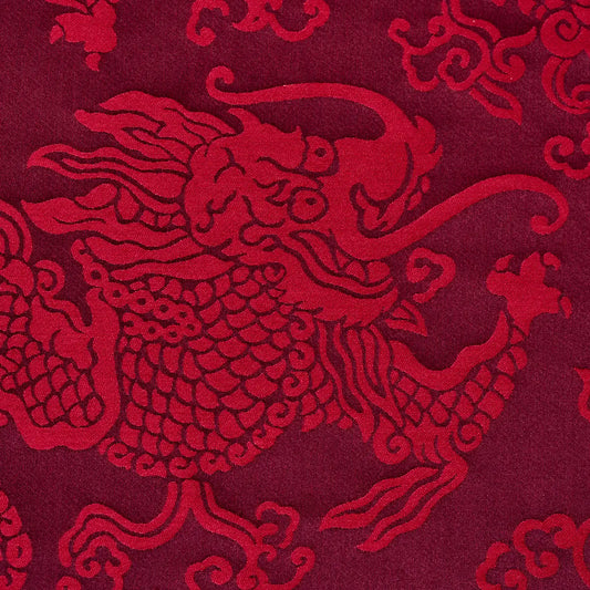 Schumacher Ruan Dragon Damask Garnet Red Art Deco Chinoiserie Satin Cotton MSRP USD 328/y
