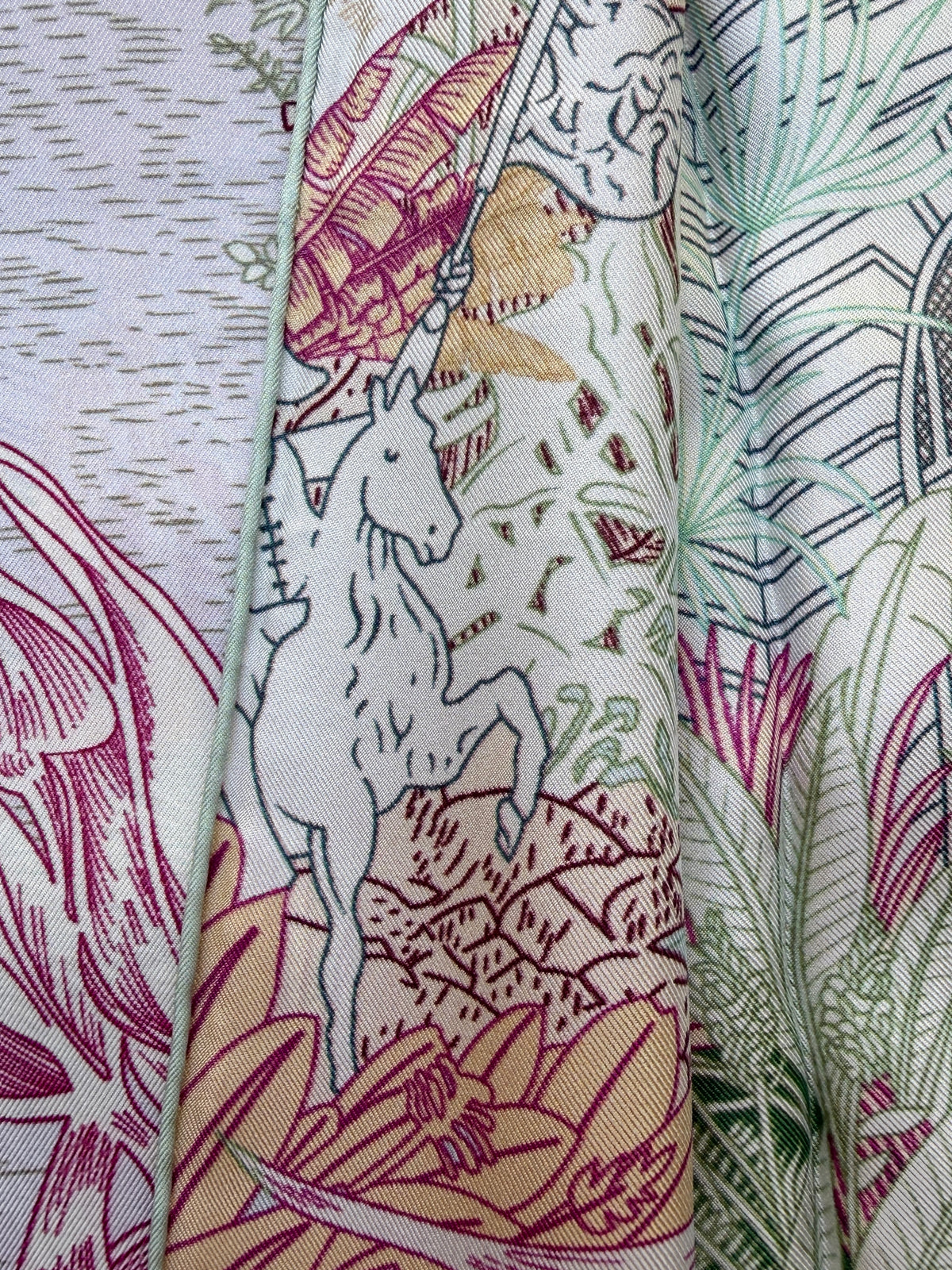 Art Scarf Leopard River Resort Tropical Jungle Waterfall Mint Green Fuschia Pink High End Silk Twill Scarf Double Sided
