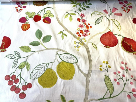 By Yd Kravet Couture Eden Orchard Floral Pom Lemon Strawberry Pear Tropical Embroidery MSRP USD 378/Y