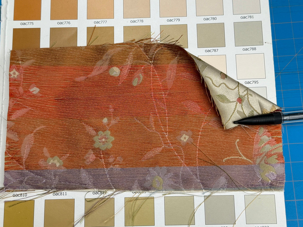 Butterfly Lovers Chinoiserie Garden 100% Silk Lampas Pink Blue Green over Gold Almond MSRP USD286/yard