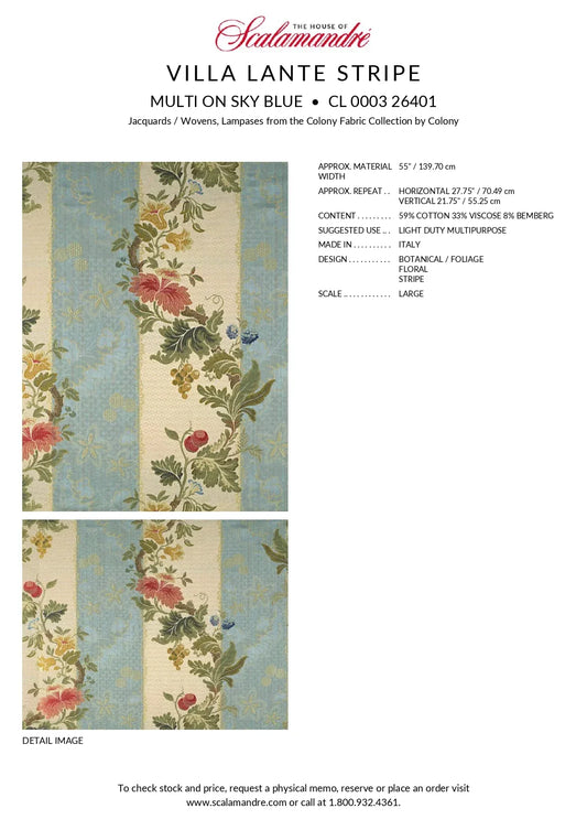 Scalamandre Colony Villa Lante Stripe Multi on Sky Blue Renaissance Classic MSRP USD 578/y