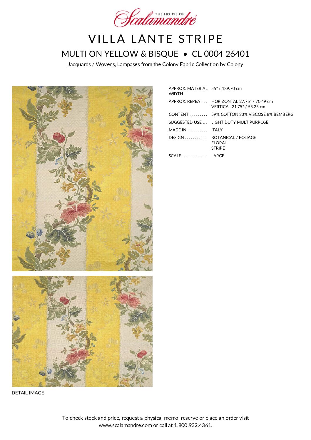 Scalamandre Colony Villa Lante Stripe Multi on Yellow & Bisque MSRP USD 578/Y