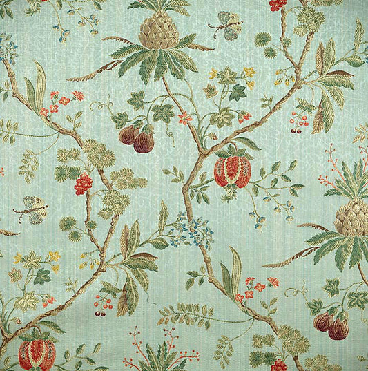 Scalamandre La Perouse Seafoam Jacobean Floral Cotton Fabric - Green - Special Order