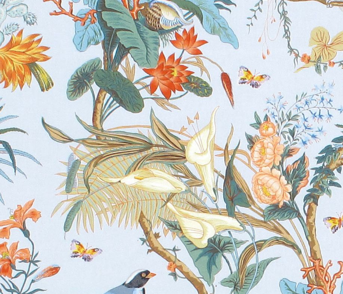 Scalamandre Cinque Terra Coral Sky Bird Tropical Print Cotton Fabric - Light Blue - Special Order