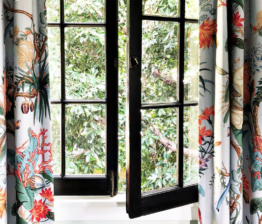 Scalamandre Cinque Terra Coral Sky Bird Tropical Print Cotton Fabric - Light Blue - Special Order