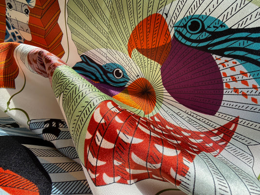 Art Scarf Lattern Festival Animal Kingdom Bird Fish High End 100% Silk Twill Scarf Huge 40”