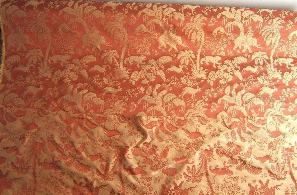 by yard 100%silk Damask Ruby Red Exotic Safari Elephant