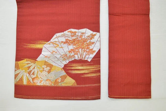 Vintage Silk Nagoya Obi Belt Red Folding Fan/Plum Blossom 3.3m x 15 - 30cm
