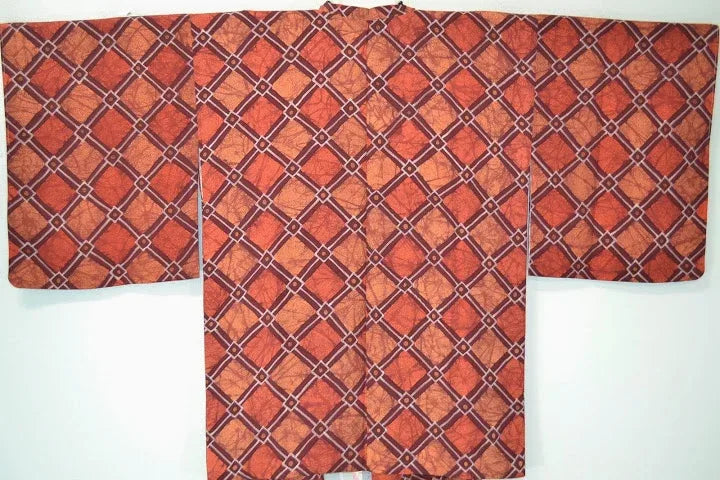 High Quality Japanese Silk Haori Jacket Hand Dyed Classic Diamond red orange