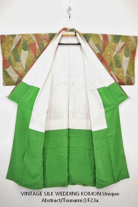 100% Silk Wedding Kimono Unique Abstract Tsunami Wave Green Eathy Red