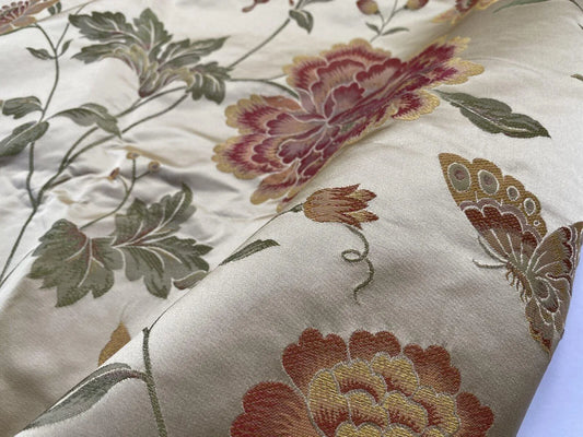 By yard Stunner Chino-asian Pink Peony Butterfly “spring" Pink Gold Green 100% Silk Lampas
