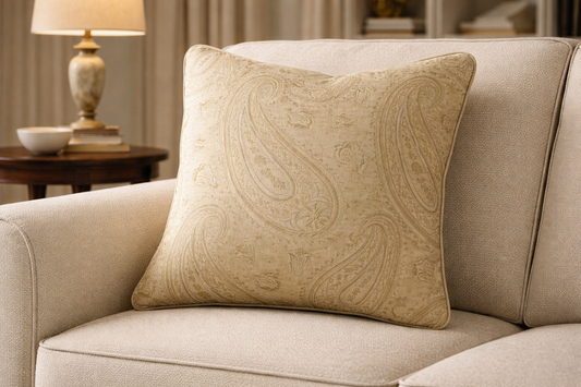 BY Yard Stunning 100% Silk Lampas Jacquard Fire Flame Edged Paisley "flax" Ecru Cream Pale Gold White