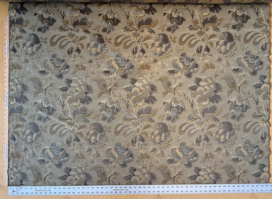 By yard 100% Silk Lampas French Pomegranate "whiskey" Blue Tan Gold Historical Design