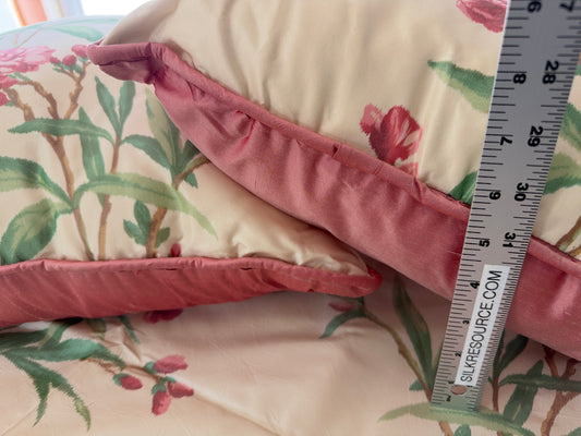 Brunschwig & Fil 2 Pillows and Tablecloth Silk Warp Print Raspberry Pink Green on Cream Oleander Flower