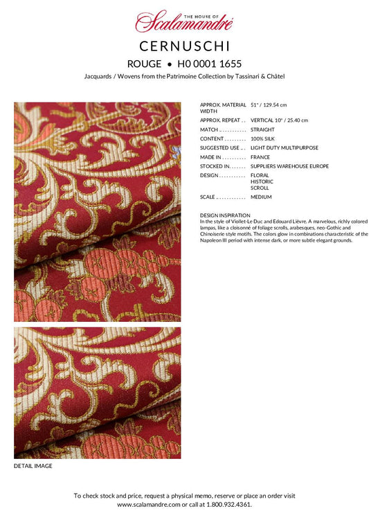 Tassinari and Chatel Scalamandre Cernuschi Rouge Red Silk Brocade MSRP USD 2128/Y