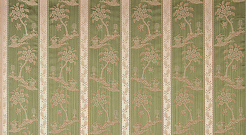 Scalamandre Lelievre Paris Lampas Sanary Vert Green Silk Lampas Viscose Stripe Chinoiserie Botanical MSRP USD1428/y