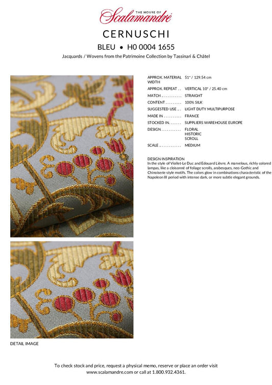 Tassinari and Chatel Scalamandre Cernuschi Bleu Blue Silk Brocade MSRP USD 2128/Y