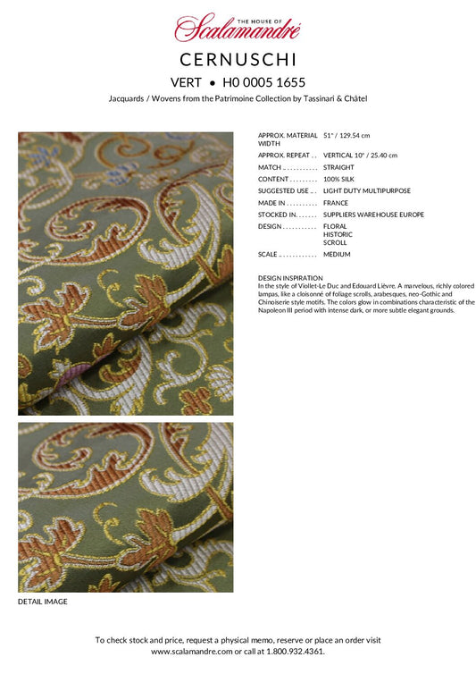 Tassinari & Chatel Scalamandre Cernuschi Vert Green Silk Brocade MSRP USD 2128/Y