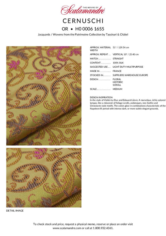 Tassinari and Chatel Scalamandre Cernuschi OR Gold Silk Brocade MSRP USD 2128/Y