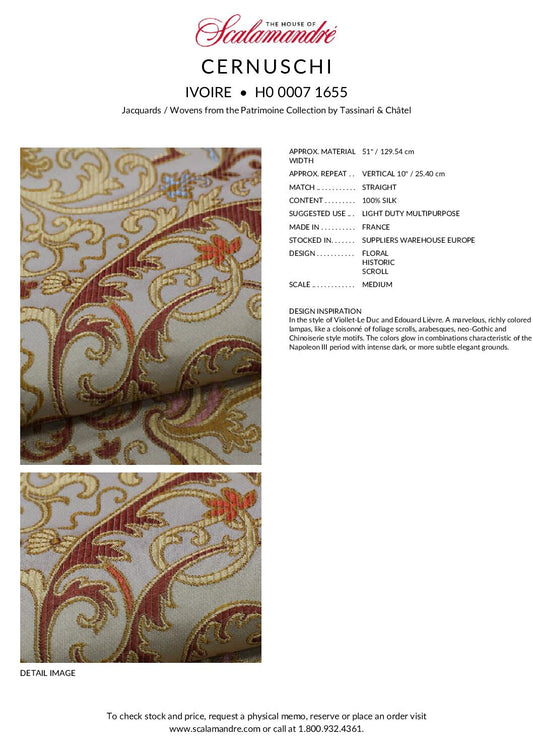 Tassinari and Chatel Scalamandre Cernuschi Ivoire Silk Brocade MSRP USD 2128/Y