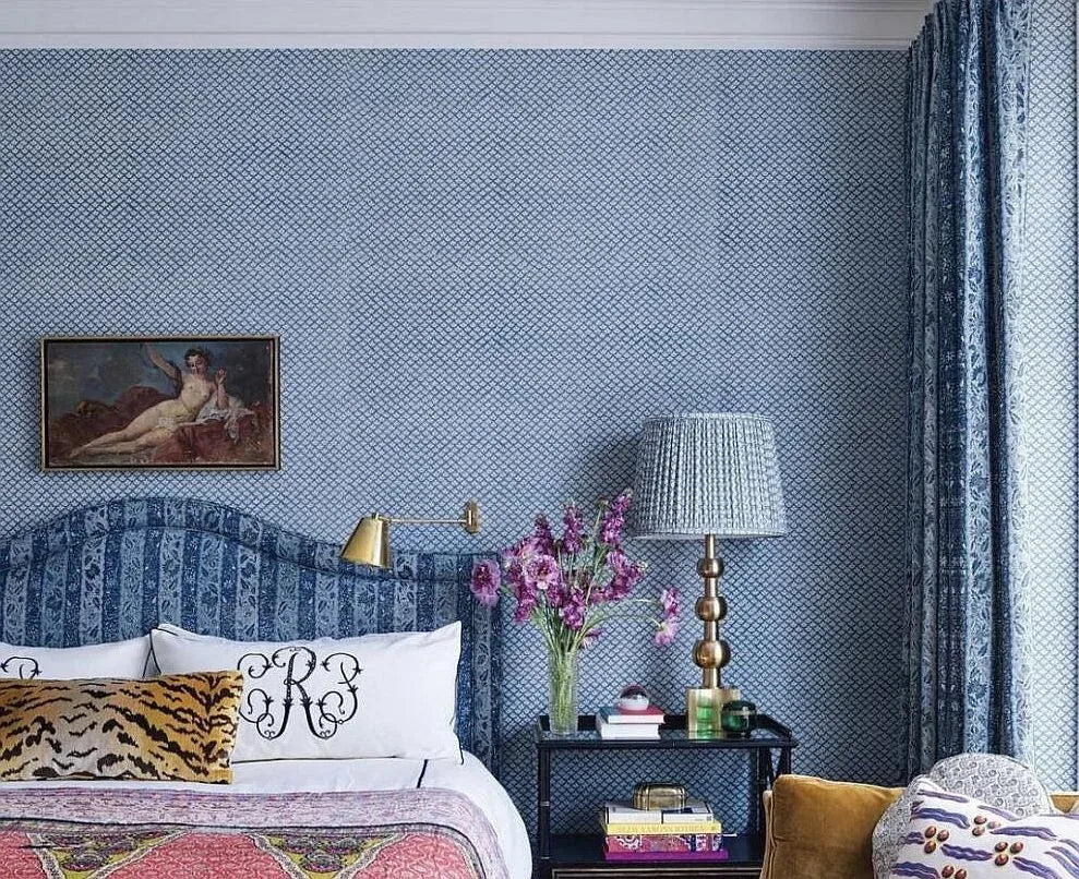 Scalamandre Poseidon Indigo, Deep Blue Neutral Fish Scale Ocean Wave MSRP USD184/Y