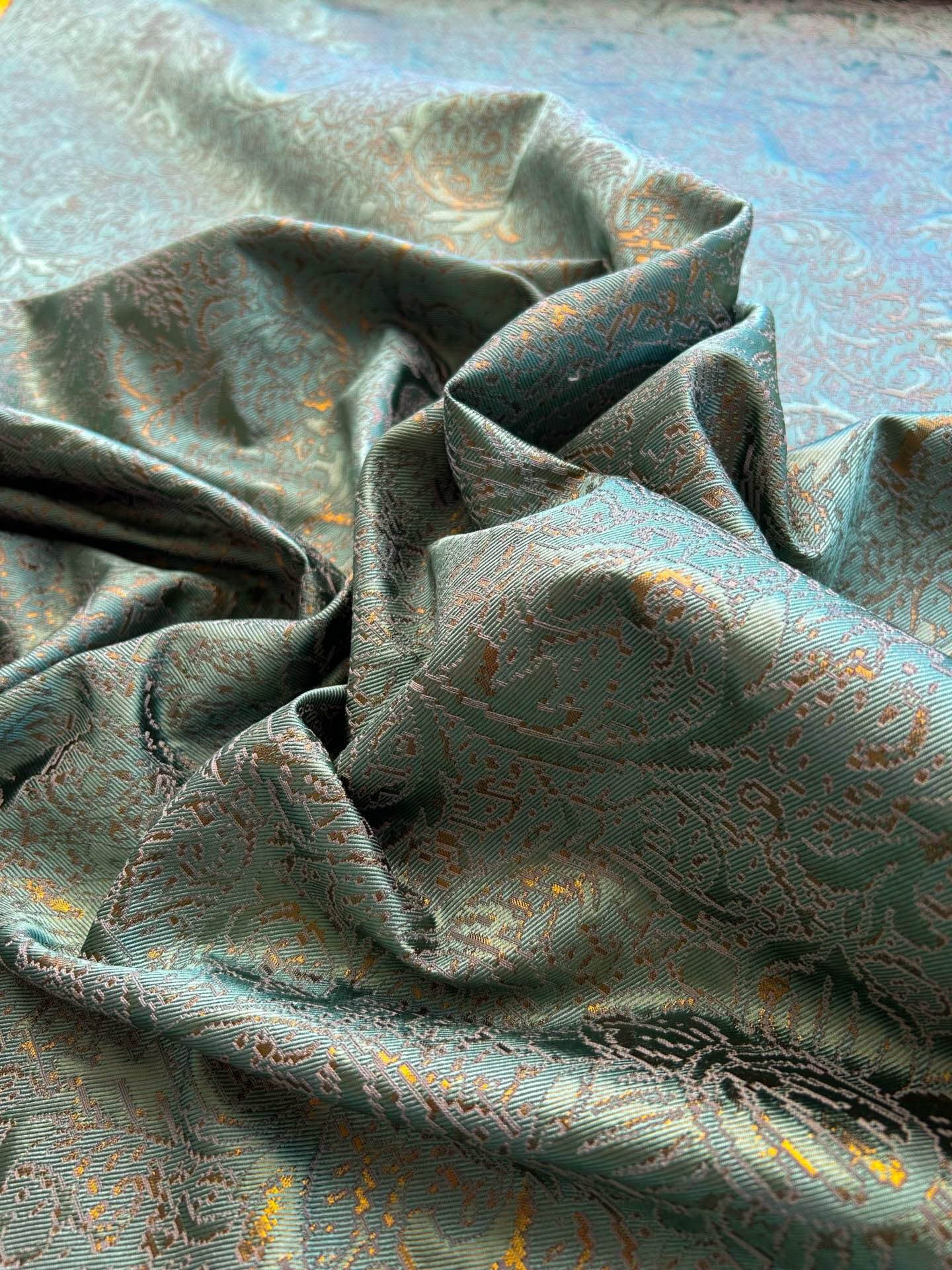 By yard Boboli Garden Silk Damask Italian Deep Teal Blue Green Gold Metallic MSRP USD 568/yard