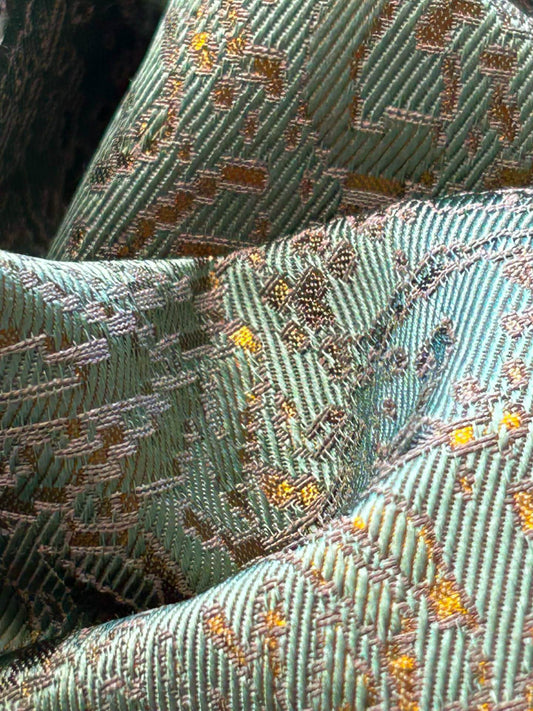 Boboli Garden Silk Damask - Deep Teal Blue Green Gold Metallic