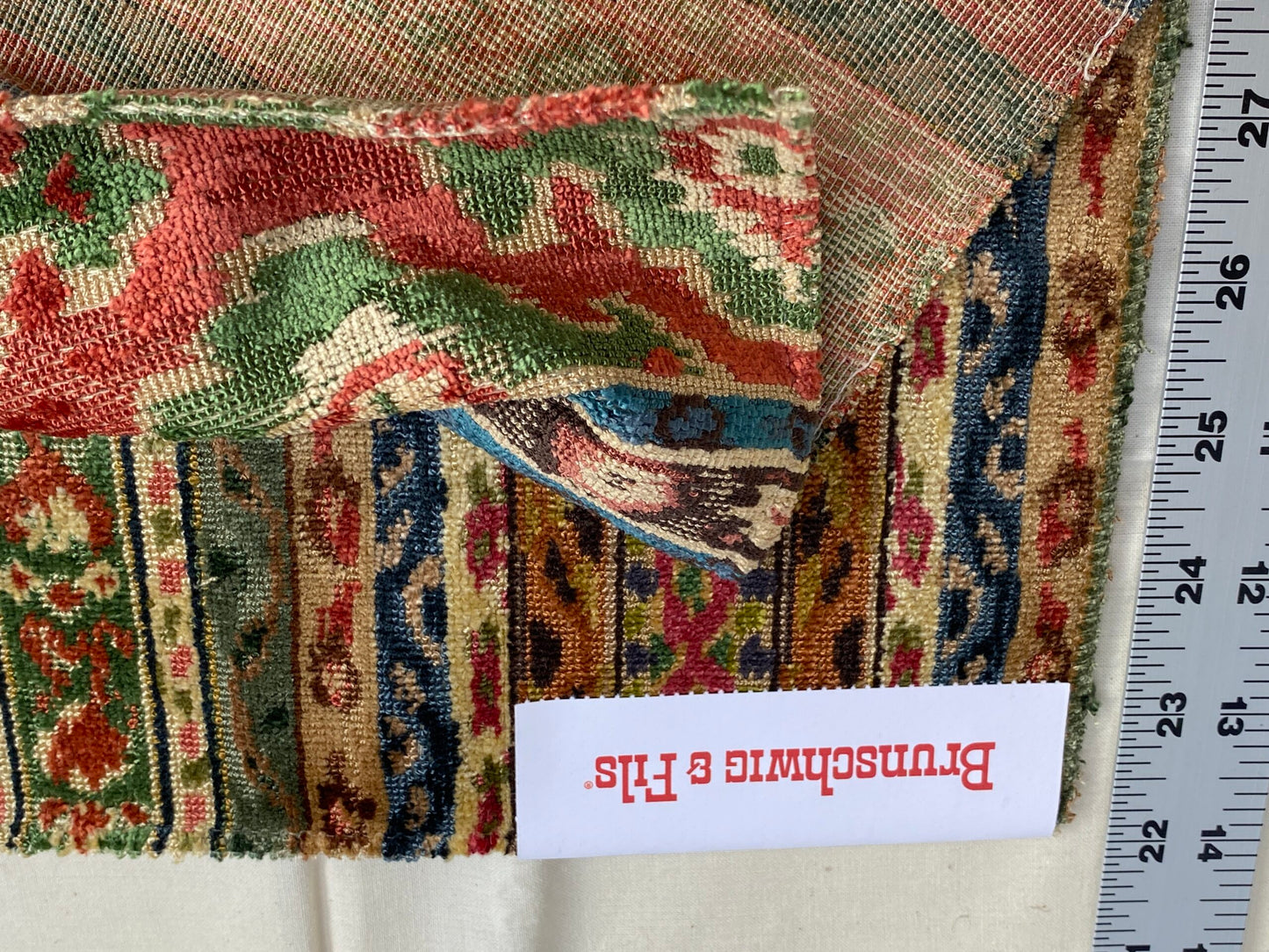 Brunschwig & Fils Savonnerie Velvet Moss and Terracotta Stripe Ethnic MSRP USD850/y