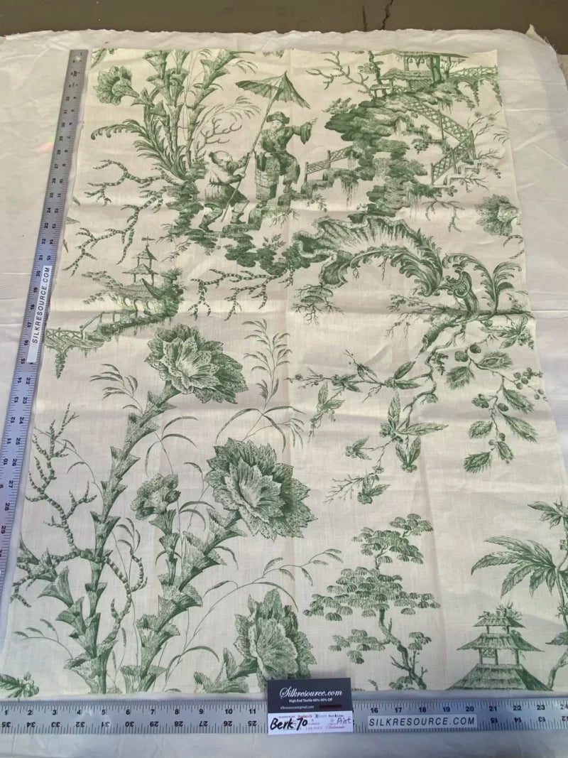 EV23 Scalamandre Fine English Linen Pillement Toile Moss Green in a Oriental Design 1yard x 25 inches