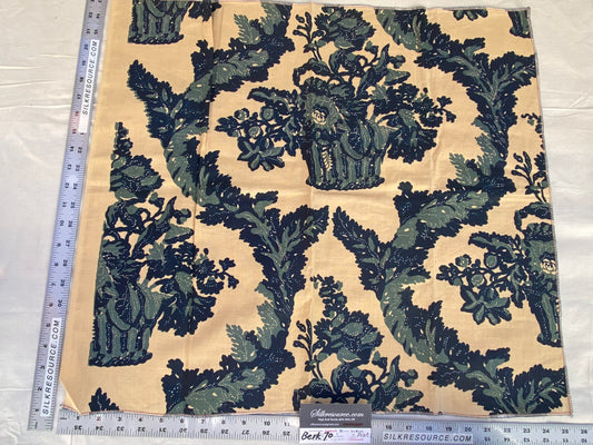 17 Berkbox70 Scalamandre Medallion Botanical Foliage Green Navy Blue Block Print on Beige Square