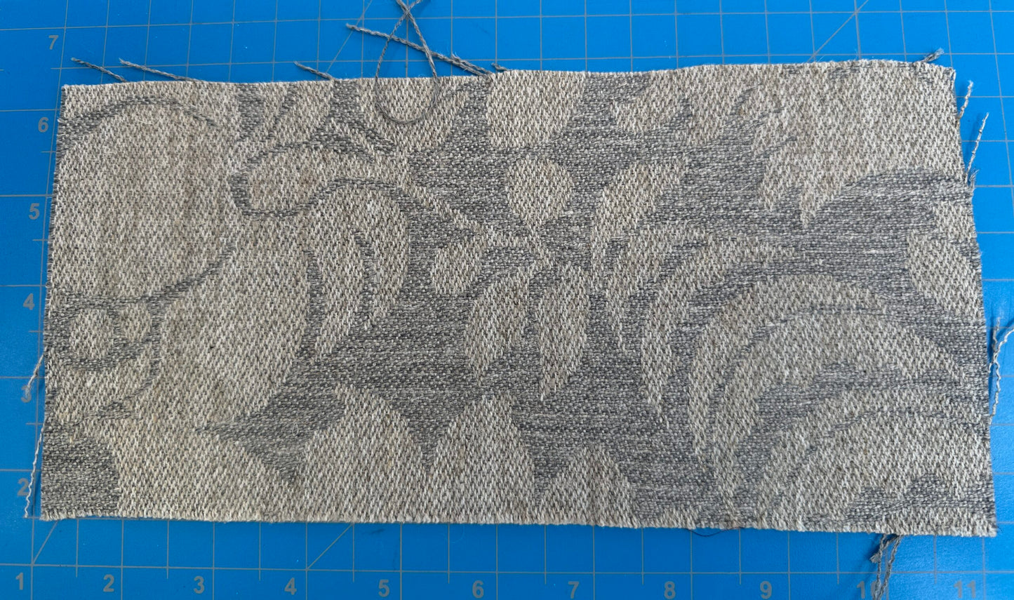 Scalamandre Amelia in "Smoke" Pale Blue Natural Beige Renaissance Damask Jacquard Linen Acanthus Artichoke Feather MSRP USD 176/y