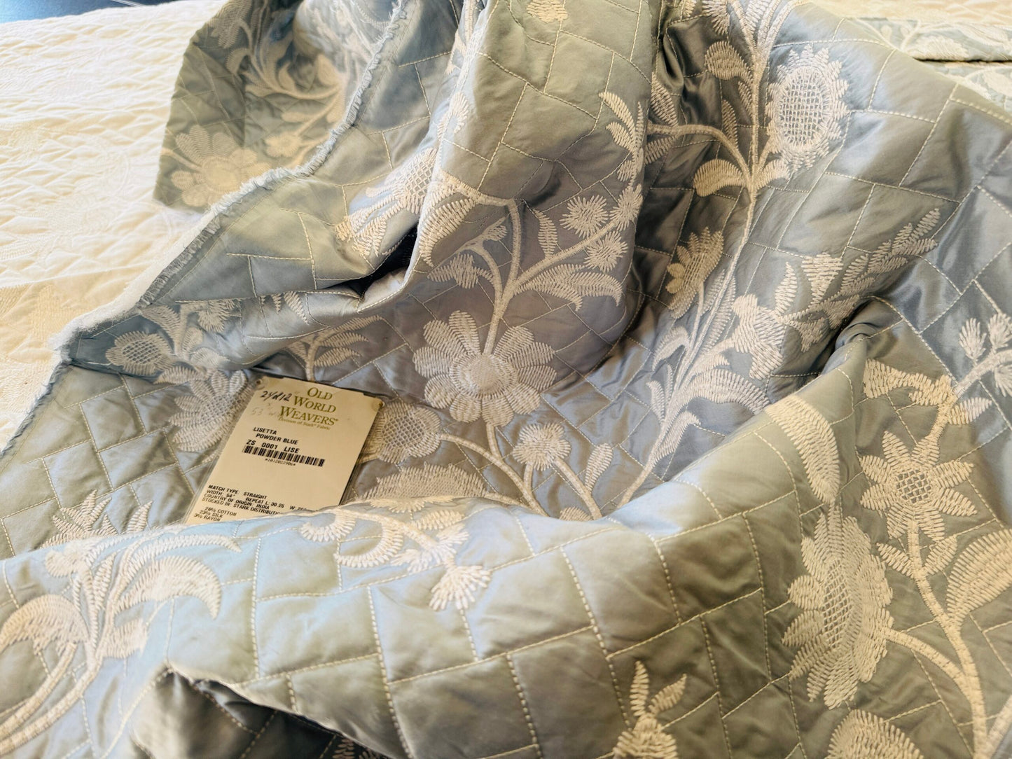 2.3y Scalamandre Lisetta Powder Blue Silk Embroidery Matelasse Quilted Blanket Bedcover White Crewel Flower Blue MSRP USD 478/Y