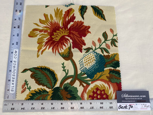 29 Berkbox70 Scalamandre Pomegranate Red Yellow on Beige Botanical Square 10 x 12 inches