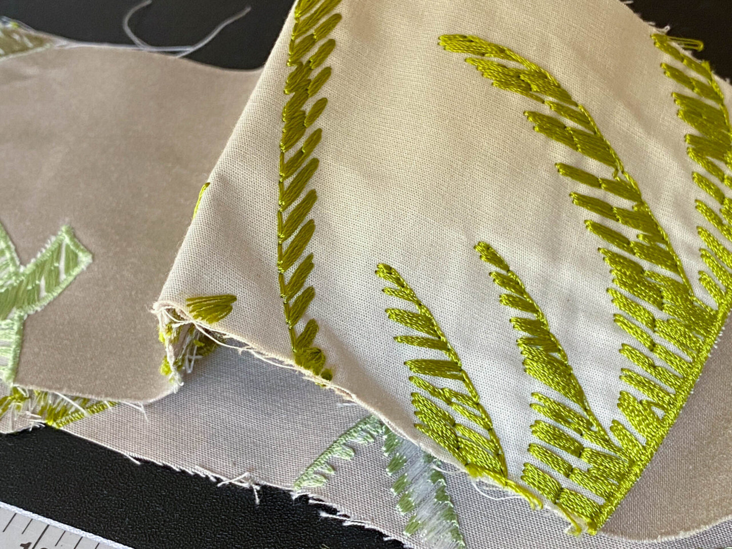 Scalamandre Palmer Green Applique And Embroidery Leaves Pattern Blue by Hinson MSRP USD 367/y