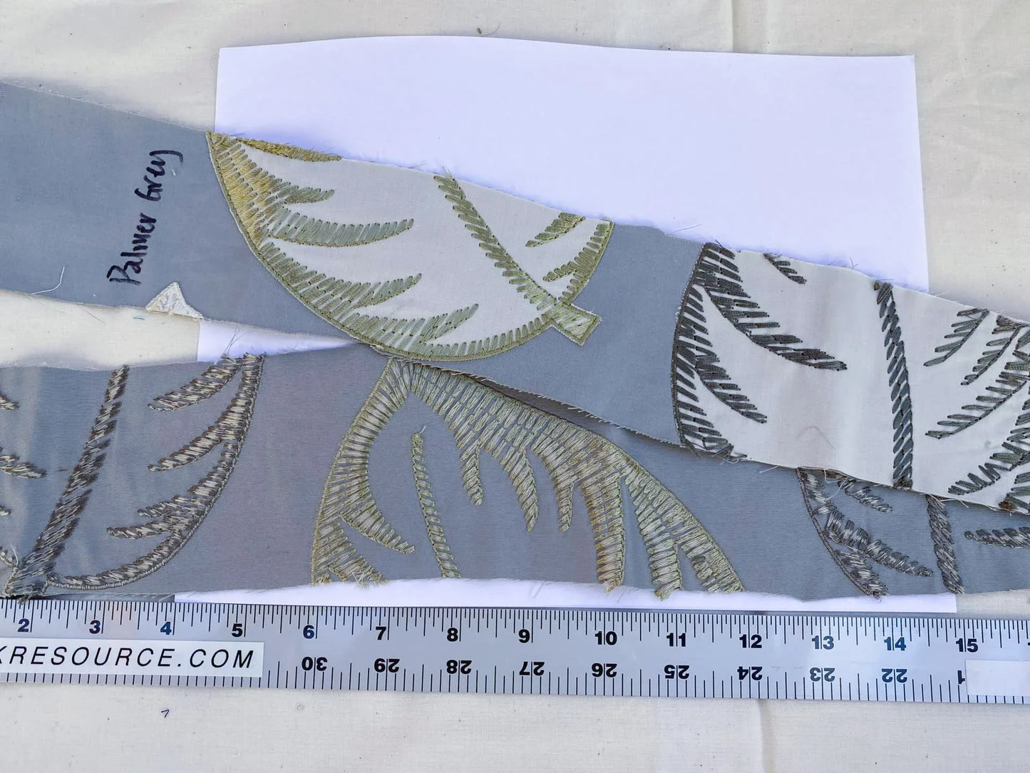Scalamandre Palmer Grey Applique And Embroidery Leaves Pattern Blue by Hinson MSRP USD 367/y