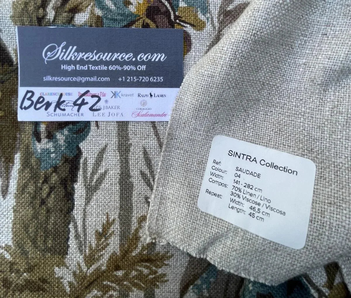 53 Berkbox42 Scalamandre Squares 27x36" "saudade" Tropical Scene, Linen Viscose Blend