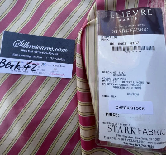 56 Berkbox42 Scalamandre Squares 27x27" "grimaldi" Pink, Stripe 100% Silk